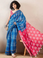 Women Blue Linen Ikat Printed Saree-VFSAR1027