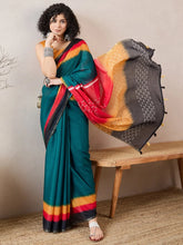 Women Blue Linen Geometric Printed Saree-VFSAR1028