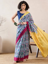 Women Grey Linen Ikat Printed Saree-VFSAR1036