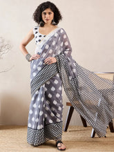 Women Grey Linen Geometric Printed Saree-VFSAR1040