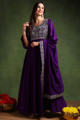 Purple Silk Blend Solid Embroidered Anarkali Gown With Dupatta VKSET1522