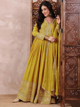 Women Mustard Georgette Solid Embroidered Anarkali Gown with Dupatta-VKSET1531