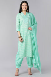 Women Sea Green Ethnic Motifs Printed Sequinned Cotton Kurta