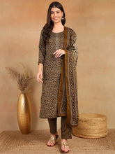 Women Brown Cotton Blend Ethnic Motifs Printed Straight Kurta Trouser With Dupatta-VKSKD2216BRN