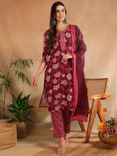 Women Maroon Rayon Blend Floral Printed Straight Kurta Trouser With Dupatta-VKSKD2236