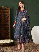 Women Navy Blue Rayon Blend Floral Printed Straight Kurta Trouser With Dupatta-VKSKD2237