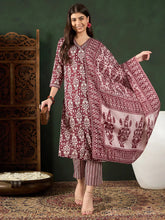 Women Maroon Rayon Blend Ethnic Motifs Printed Straight Kurta Trouser With Dupatta-VKSKD2241