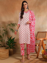 Women White Rayon Blend Floral Printed Straight Kurta Trouser With Dupatta-VKSKD2245