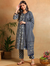 Women Navy Blue Rayon Blend Floral Printed Straight Kurta Trousers With Dupatta-VKSKD2259