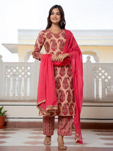 Women Beige Rayon Blend Floral Printed Straight Kurta Trouser With Dupatta-VKSKD2279