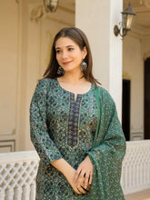 Women Green Rayon Blend Ethnic Motifs Printed Straight Kurta Trouser With Dupatta-VKSKD2281