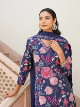 Women Blue Rayon Blend Floral Printed Straight Kurta Trouser With Dupatta-VKSKD2306