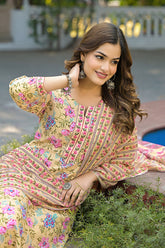 Yellow Rayon Blend Floral Printed Straight Suit Set VKSKD2314