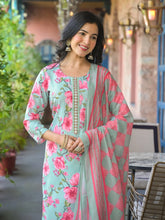 Women Green Rayon Blend Floral Printed Straight Kurta Trousers With Dupatta-VKSKD2323