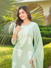 Women Green Viscose Solid Embroidered Straight Kurta Palazzo With Dupatta-VKSKD2353