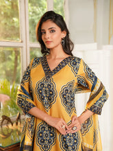 Women Yellow Rayon Blend Ethnic Motifs Printed Straight Kurta Trousers With Dupatta-VKSKD2368