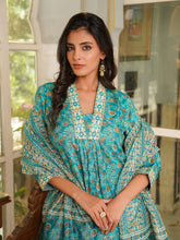 Women Turquoise Blue Rayon Blend Floral Printed Straight Kurta Trouser with Dupatta-VKSKD2369