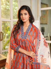 Women Orange Rayon Blend Floral Printed Straight Kurta Palazzos With Dupatta-VKSKD2374