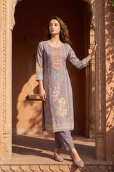 Lavender Pure Cotton Ethnic Motifs Printed Straight Kurta Sets VKSKD3202