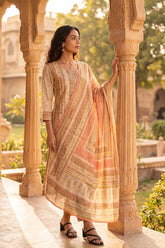 Peach Pure Cotton Ethnic Motifs Printed Straight Kurta Sets VKSKD3216