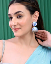 Set Of 2 Earrings- Blue Printed Jhumka With Black AD Studded Drop Earrings