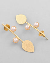 Gold Plated Leaf Shaped with Pearl Studded Earrings-VOJ337