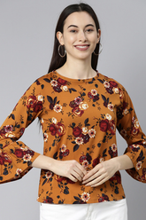 Mustard Georgette Floral Print Regular Top VT1029