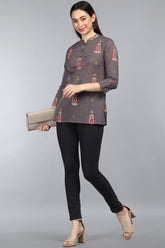 Taupe Print Mandarin Collar Roll Up Sleeves Top
