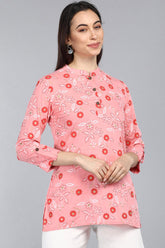 Pink Floral Print Mandarin Collar Longline Top