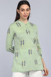 Green Print Mandarin Collar Longline Top