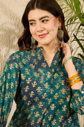 Blue Cotton Blend Ethnic Motifs Printed Regular Top VT1311