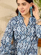 Women Blue Rayon Blend Ikat Printed Regular Top-VT1350