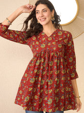 Women Red Cotton Blend Floral Printed Regular Peplum Top-VT1367