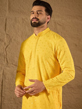 Ethnic Bay Men Yellow Viscose Rayon Solid Embroidered Straight Kurta With Pant Set-MKSET1212