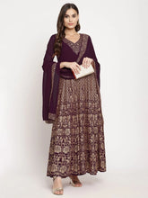 Wine Georgette Gold Foil Print Flared Kurta with Dupatta-AHKUDU-COMBO-408