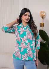 Lamora Turquoise Floral Button-Down Shirt