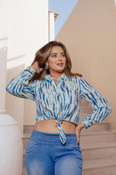 Lamora Indigo Blue & White Tie-Dye Striped Shirt Crop Top with Front Knot