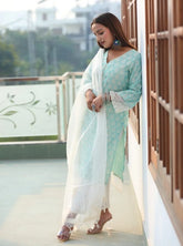 Women Blue Ethnic Motifs Jacquard Kurta with Palazzos & With Dupatta-JOKPL-D31W