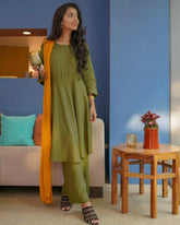 Women Olive Green Solid Kurta with Palazzos & Dupatta ( JOKPL MU-D 1283 Olive )-JOKPL-MU-D-1283