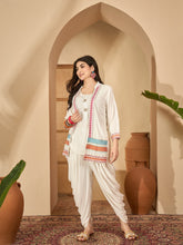 Stylum Women's White Solid & Embroidered Rayon A-Line Kurti Dhoti Pant with Jacket (JTDWHITEROBIN)