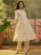 Stylum Women's Cream Self Design & Embroidered Cotton A-Line Kurta Pant Set (KPCREAMPOLMI)