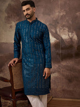 Ethnic Bay Men Blue Silk Blend Solid Embroidered Straight Kurta With Pant Set-MKSET1358