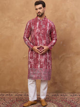 Ethnic Bay Men Red Viscose Rayon Batik Embroidered Straight Kurta With Pant Set-MKSET1499