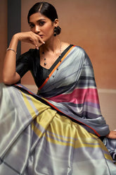 Women's Latest Digital Printed Satin Saree With Unstiched Blouse-AVN-8090-GREY-MULTI