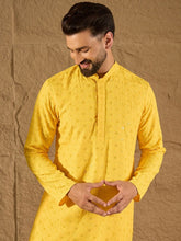 Ethnic Bay Men Yellow Viscose Rayon Solid Embroidered Straight Kurta With Pant Set-MKSET1222