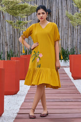 Plus Size Mustard Hand painted Cotton Flared Dress-CL-SW-3049