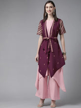 Rose Pink Crepe Kurta Palazzos Set With Burgundy Jacket-AHKUPZJK-COMBO-338