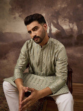 Ethnic Bay Men Green Silk Blend Solid Embroidered Straight Kurta With Pant Set-MKSET1356