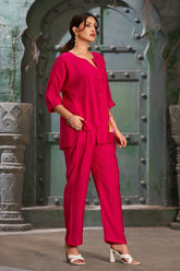 Plus Size Hot Pink Silk Cotton Round V-Neck Co-Ord Set-CL-EW-2013