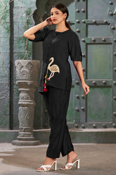 Plus Size Black Silk Cotton Solid Asymmetric Co-Ord Set-CL-EW-2015-B